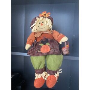 Stuffed Girl Scarecrow Shelf Sitter Doll‎ Fabric Straw Fall Halloween Pumpkin